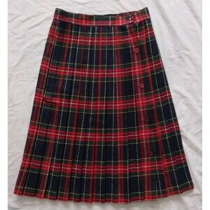 Vintage Plaid Pleated Skirt Red Navy Green Womens Size 10